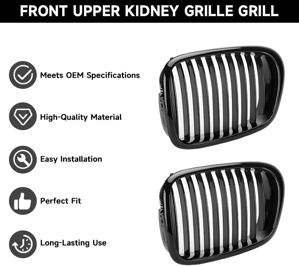For BMW 5-Series E39 M5 1997-2003 Front Bumper Kidney Grilles Pair Gloss Black