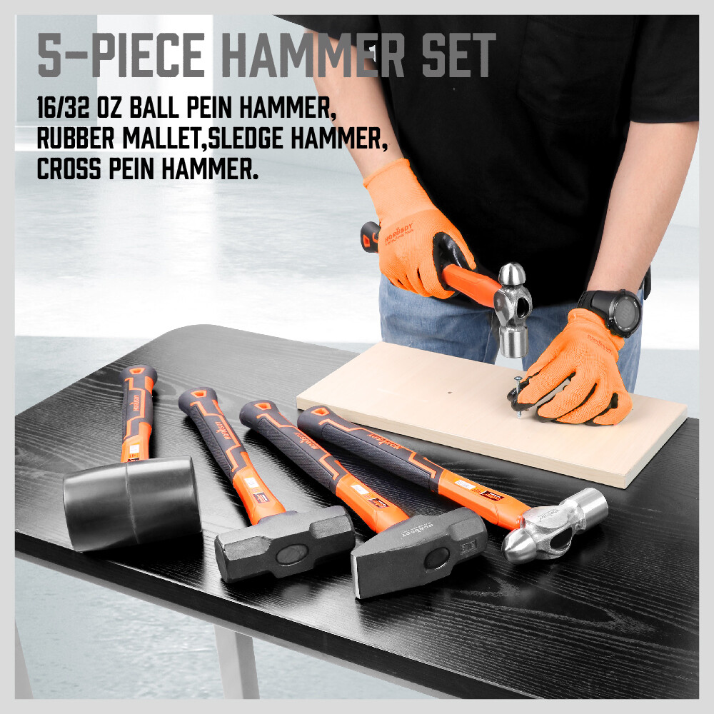 HORUSDY 5PC Hammer Set 16/32OZ Ball Pain 32OZ Rubber 3lb Sledge 3lb Cross Hammer