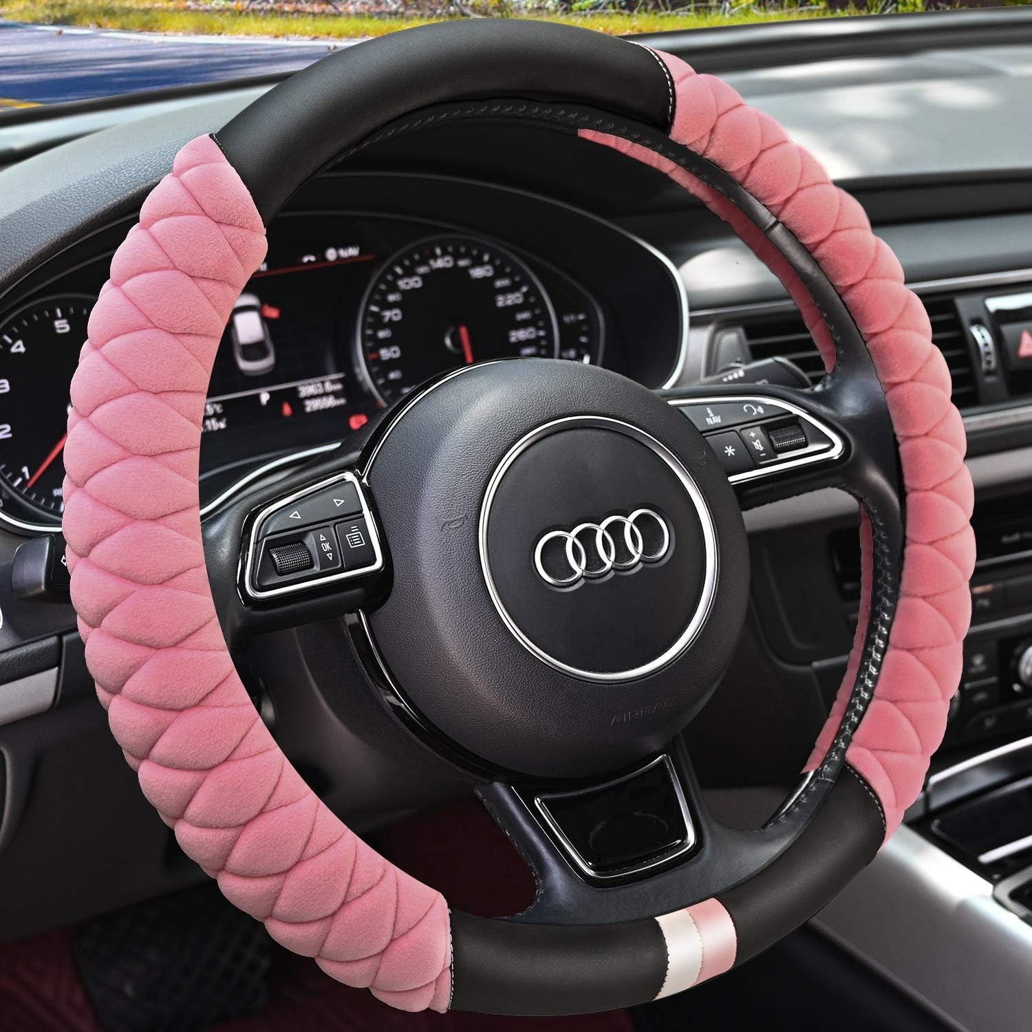 Soft Warm Short Plush Steering Wheel Cover Pink Fuzzy Universal 14.5-15 Inch