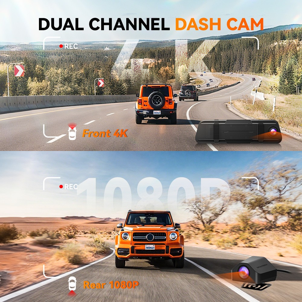 WOLFBOX 4K 12″ Dual Dash Cam Car Rear Mirror View Backup Dual Camera G840S