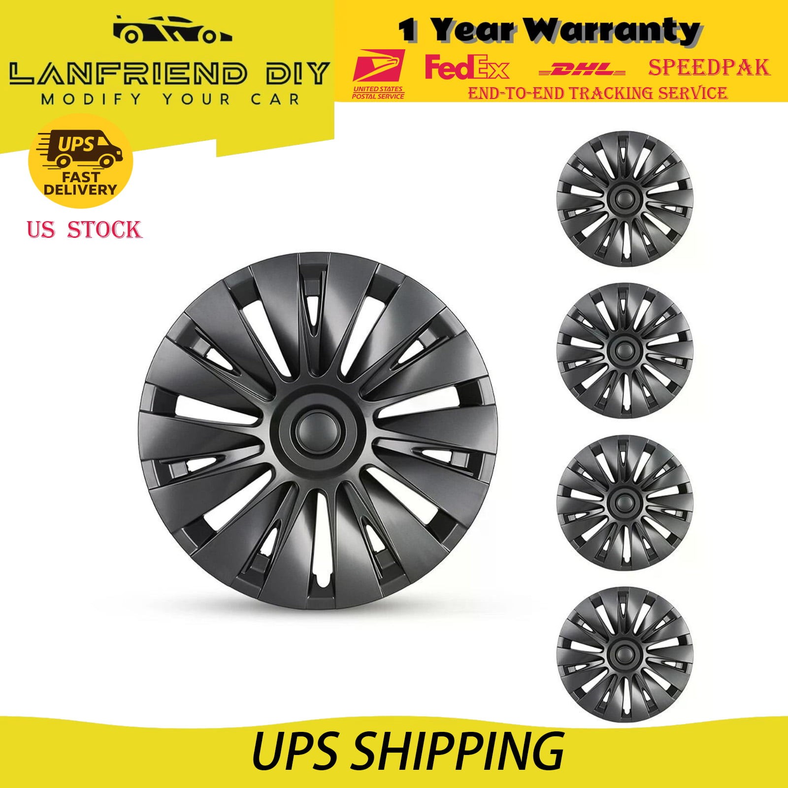 Blade Design 19″ Matte Black Wheel Covers 4 Piece Set Fit Tesla Model Y 2024