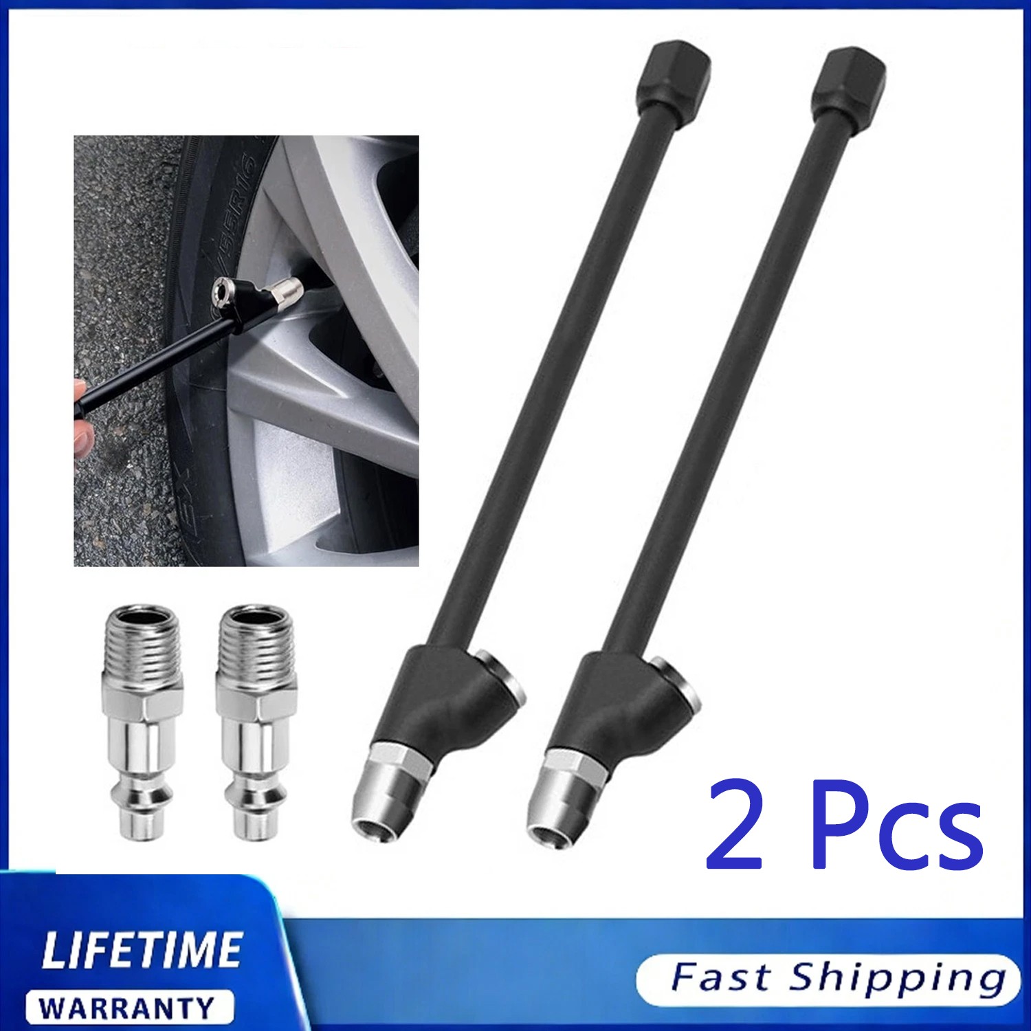 2pcs Extended.Reach Dual Head Air Chuck Set 13in Lock On Tire Inflator Car Truck
