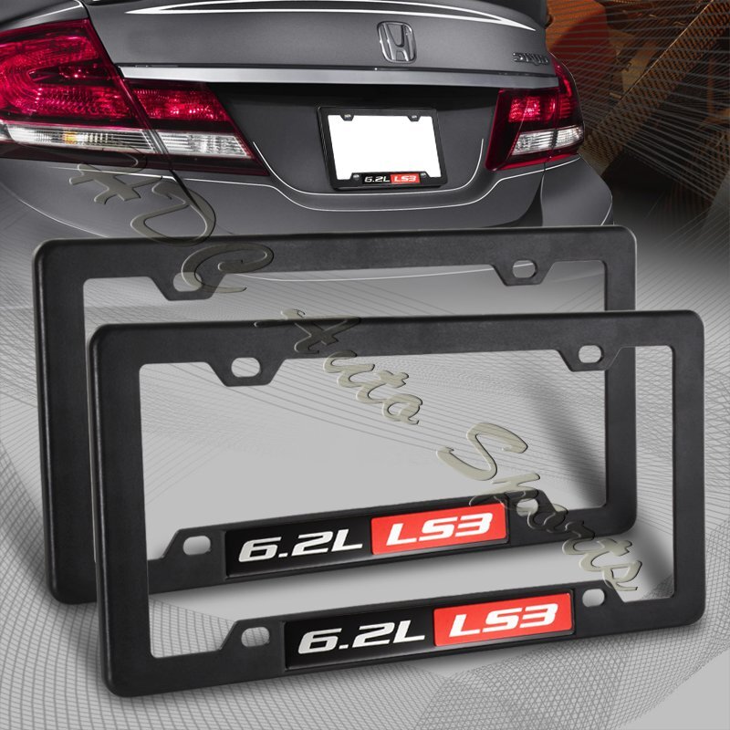 2 x Black ABS Plastic License Plate Frame Cover Front & Rear W/ 6.2L LS3 Emblem