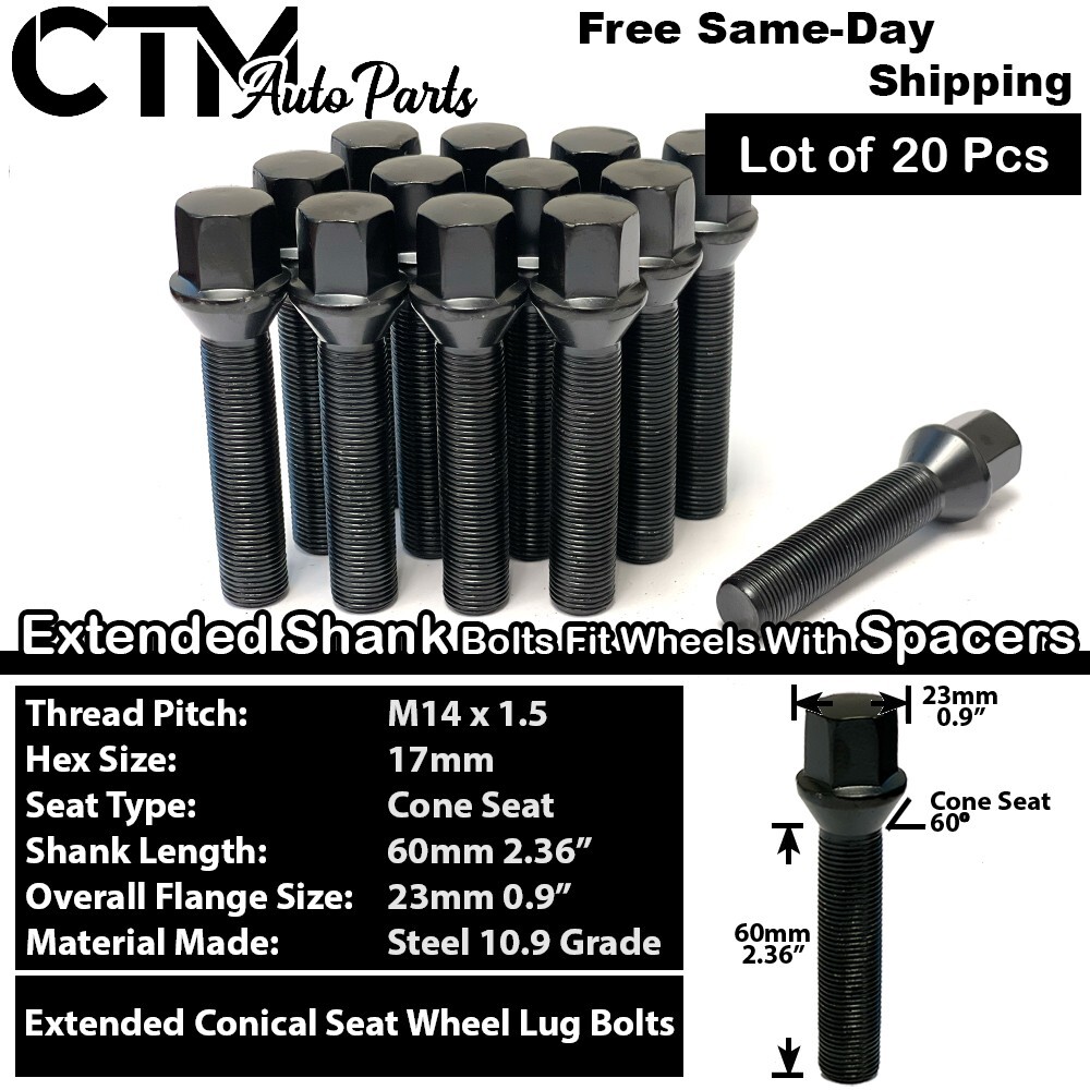 20x Black 14×1.5 Lug Bolt 60mm Shank Fit Mercedes Aftermarket Wheel with Spacer