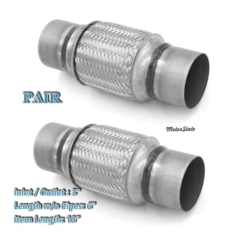 Pair For 3″ x 3 x 6″ Heavy Duty Stainless Steel Exhaust Flex Pipe 10″ OL