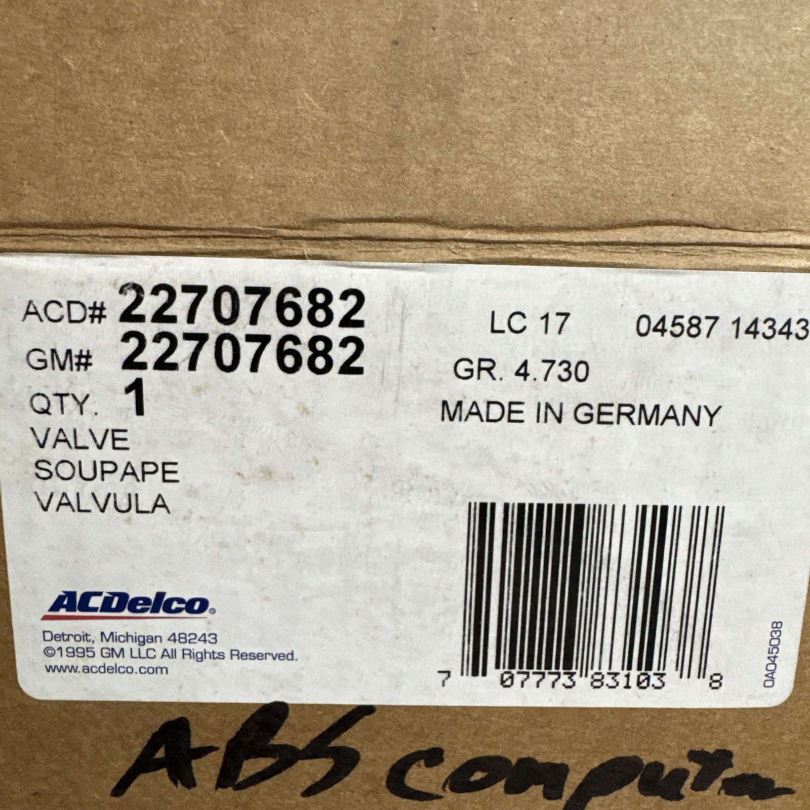 GM 22707682 A.B.S. Pressure Modulator Valve Asm 2003-04 Saturn Ion NOS