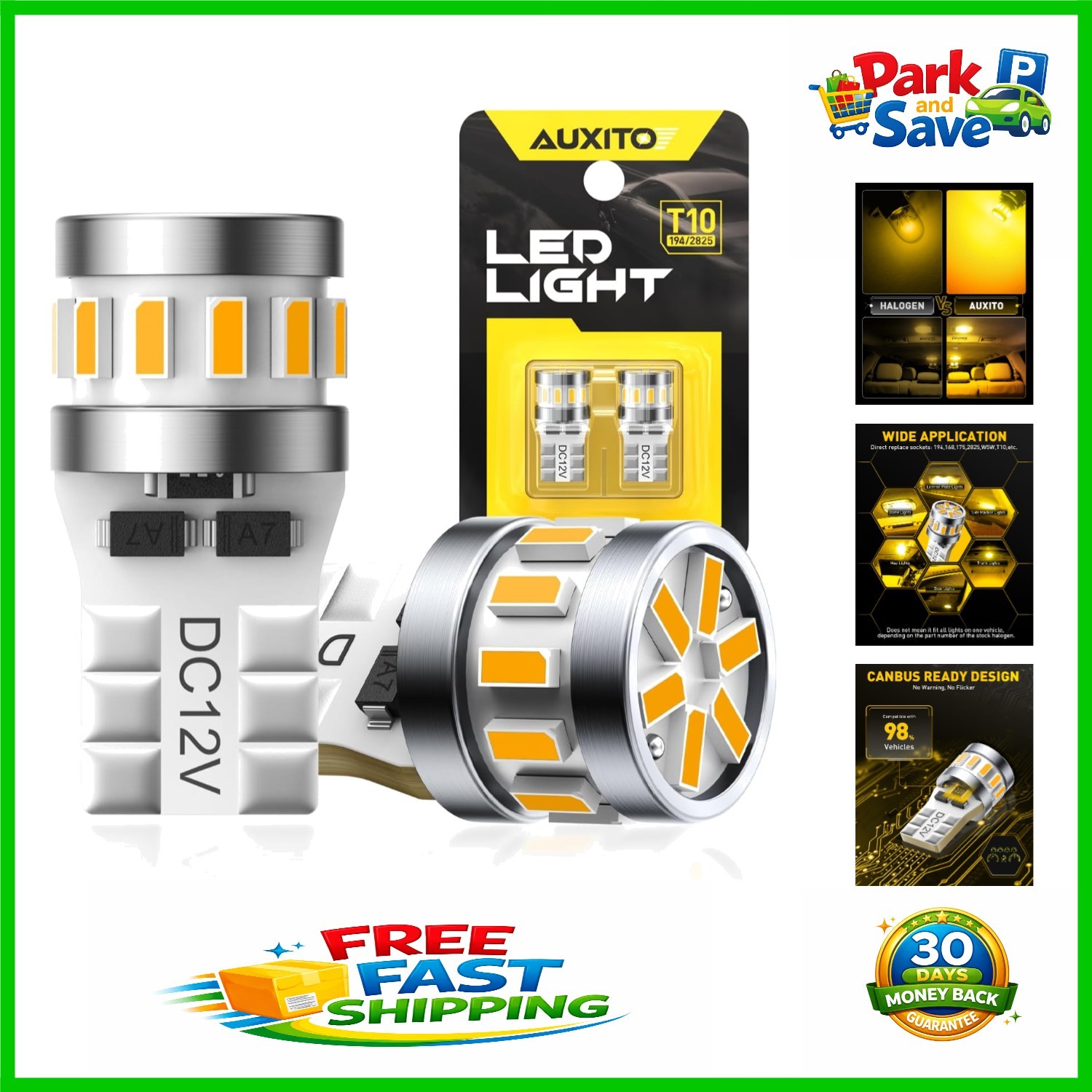 Compatible 194 LED Bulb Pack: 50,000 Hours Lifespan Amber Yellow Light for Cars
