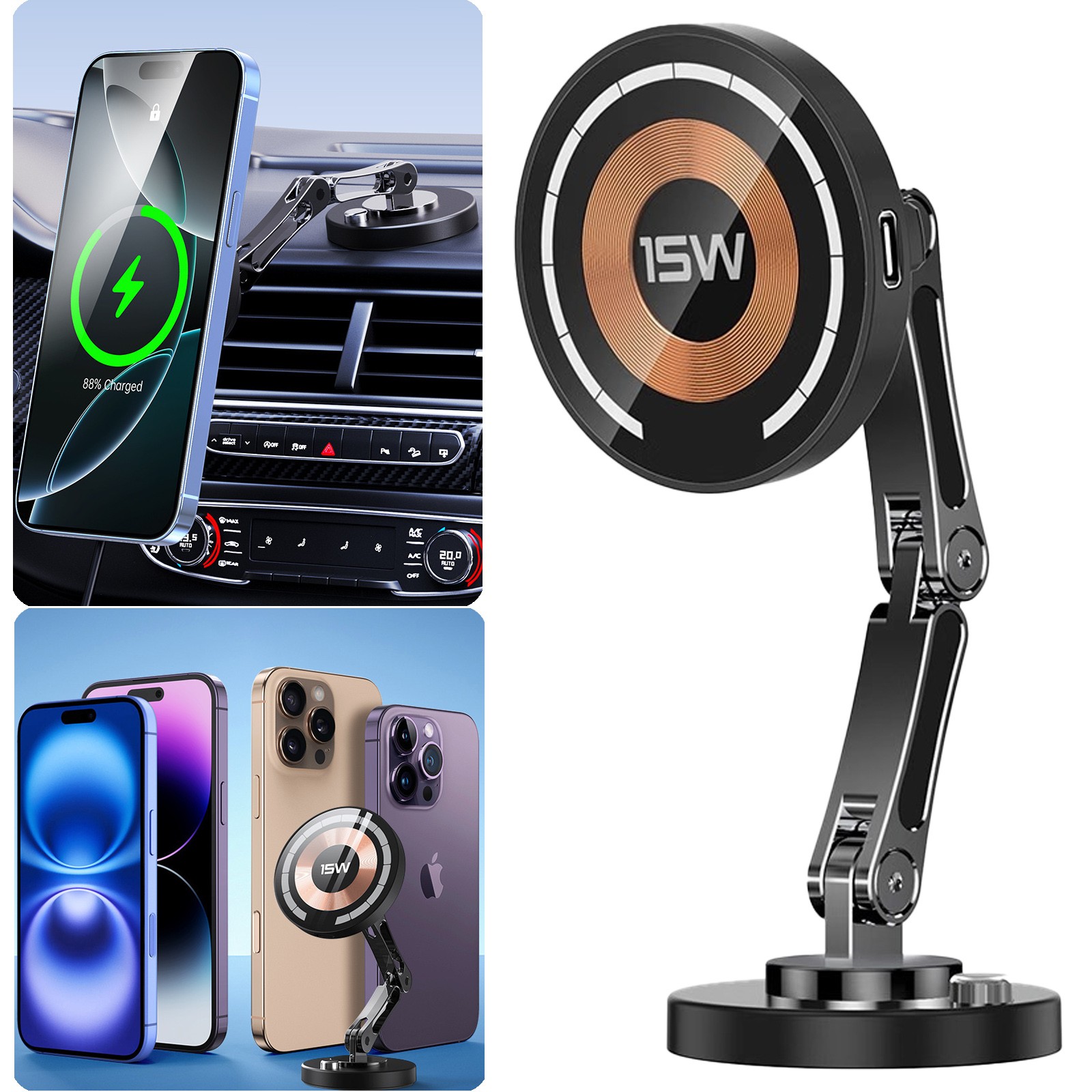 15W Wireless Magnetic Charger Car Mount Holder for iPhone 13 14 15 16 17 Pro Max