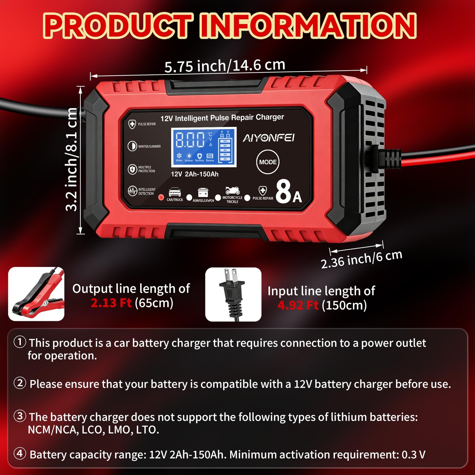 AIYONFEI 12V Battery Charger 8-Amp Smart Trickle Charger, Red