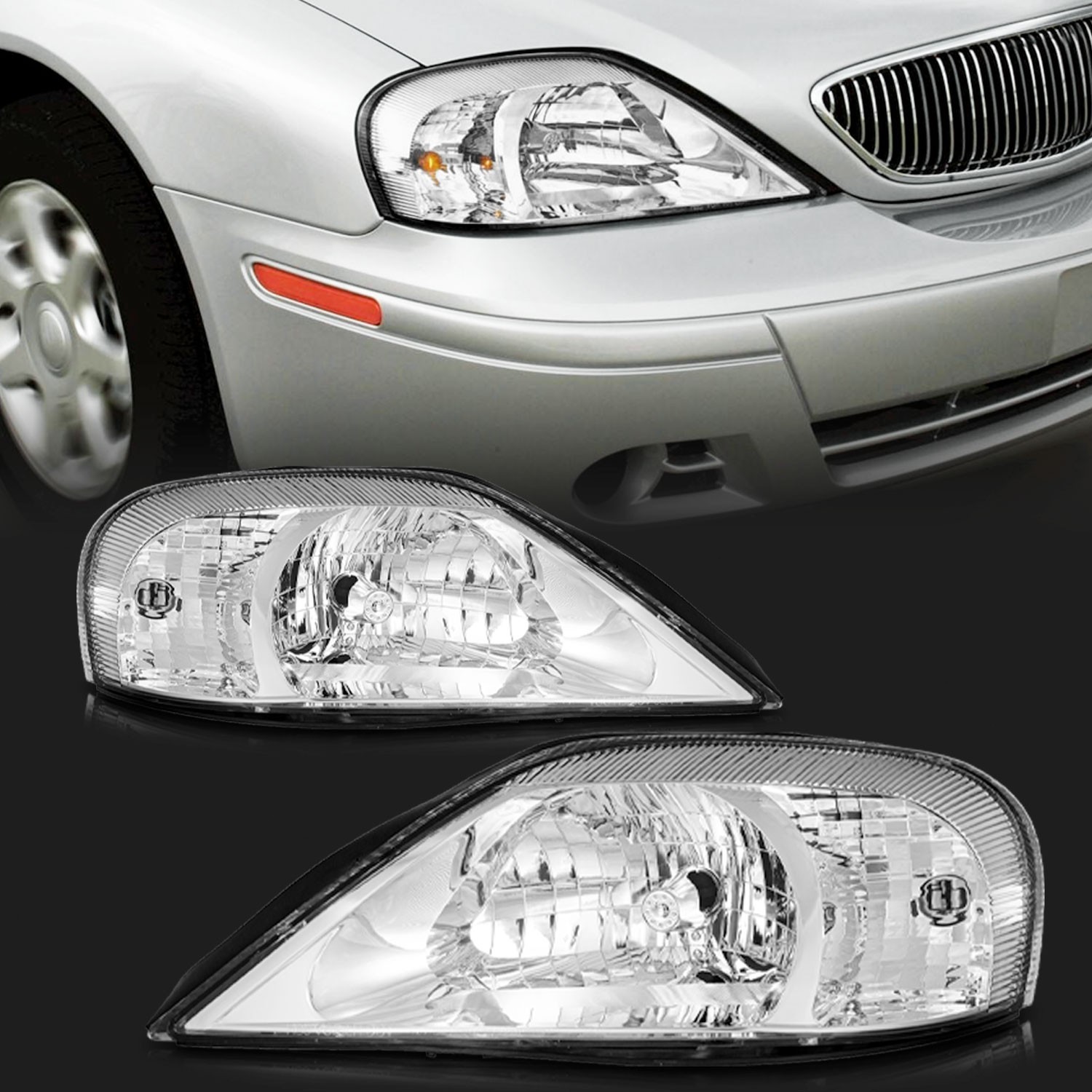Pair Headlights Left & Right For 2000-2005 Mercury Sable Chrome w/o Bulbs