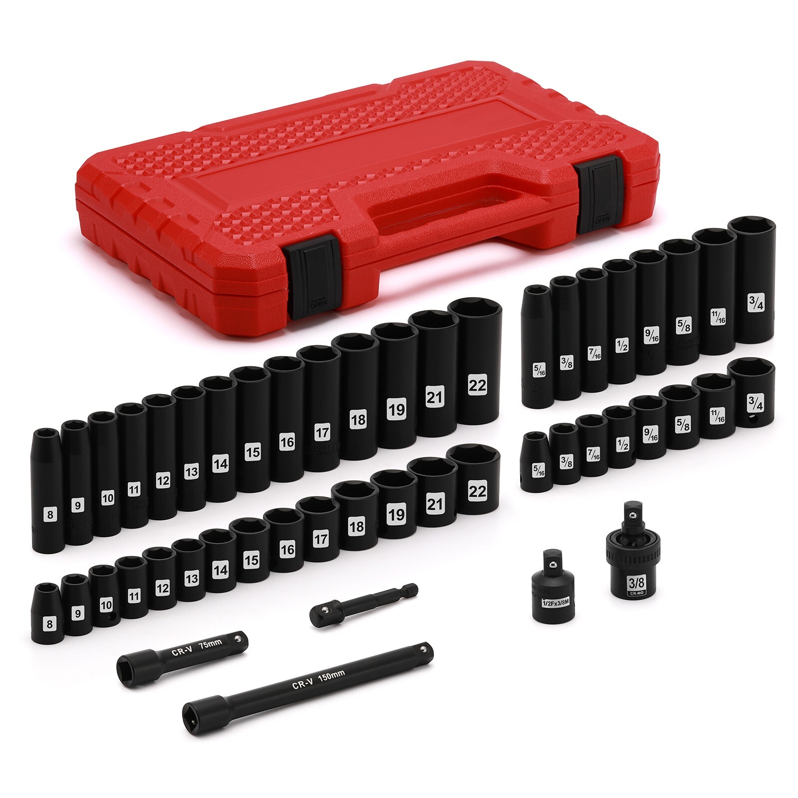 49PCS 3/8″ Drive Deep and Shallow Impact Socket Set, SAE & Metric, CR-V, 6-Point