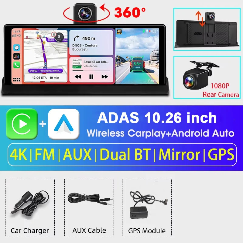 7″/10.26″ 4K ADAS Dash Cam Wireless Carplay Android Auto Car DVR GPS Navigation