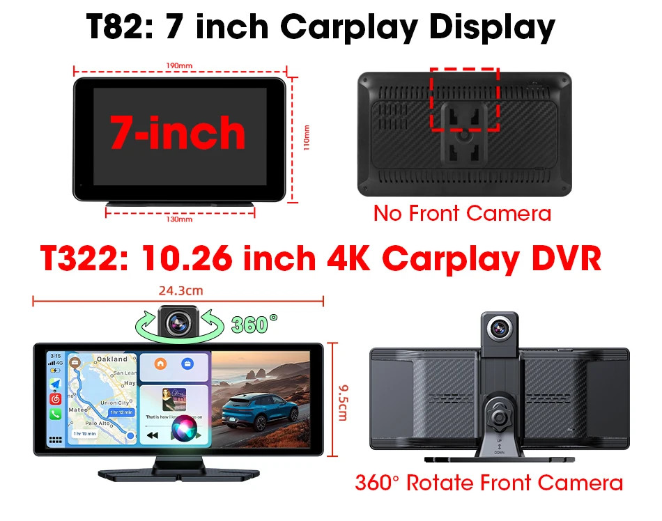 10.26″ 4K Dashcam 360° Rotating Lens Car DVR Wireless Carplay Android Auto GPS