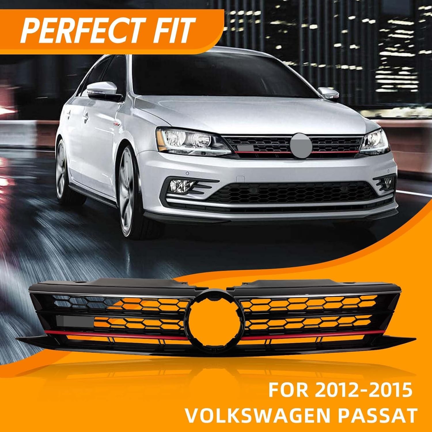 YLT AUTO Fit 2015-2018 For Volkswagen Jetta, Honeycomb Red Trim grille