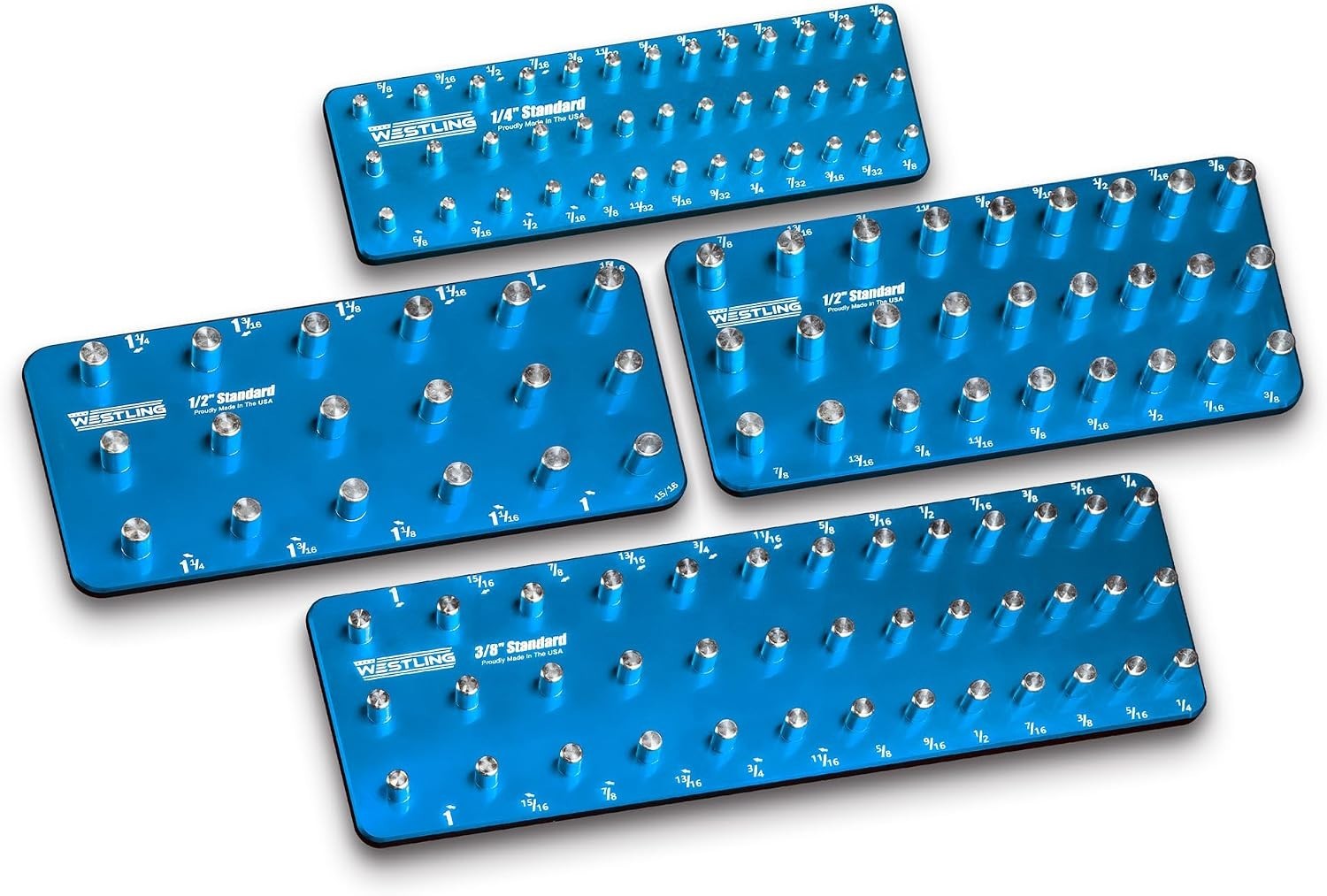 4pc Aluminum Socket Organizer Tray Set Holds 123 Standard Sockets Blue