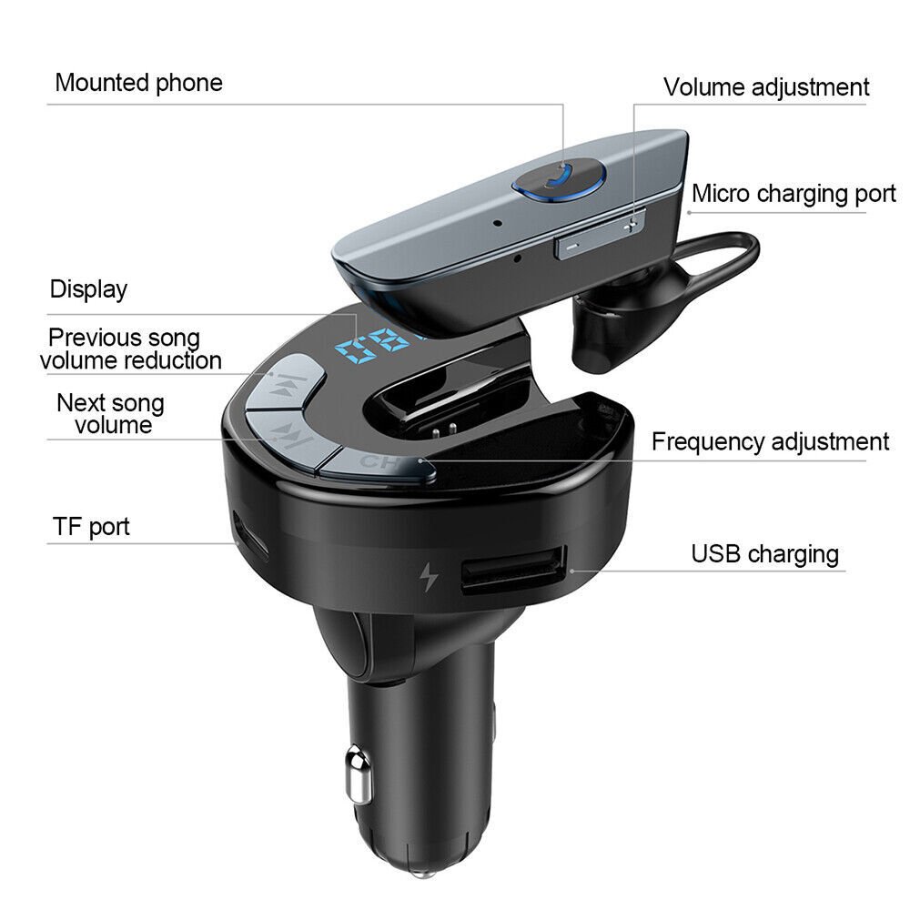 Bluetooth Headset Trucker Earpiece Headphones FM Transmitter Radio Car Charger