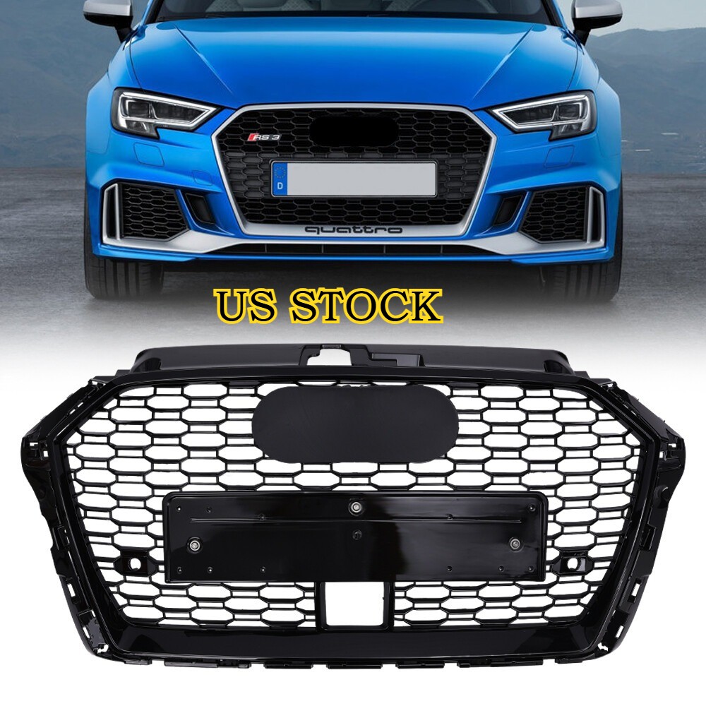 RS3 Style Front Honeycomb Mesh Grille Grill for Audi A3 S3 2017-2020 Black ACC