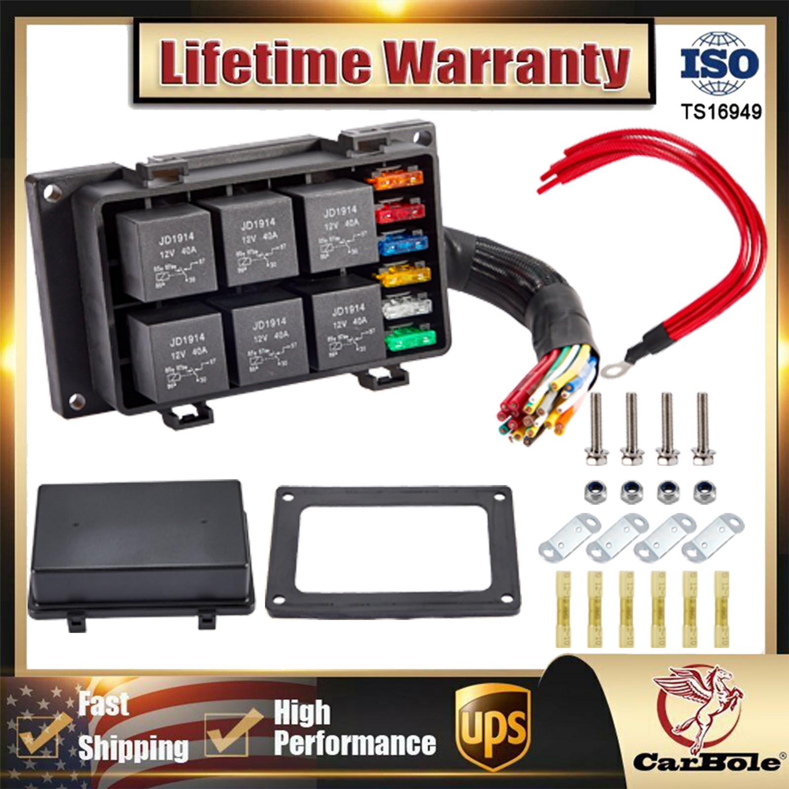 12V Universal Waterproof Automotive 6 ATO Fuse Relay Box Block w/ Harness Marine