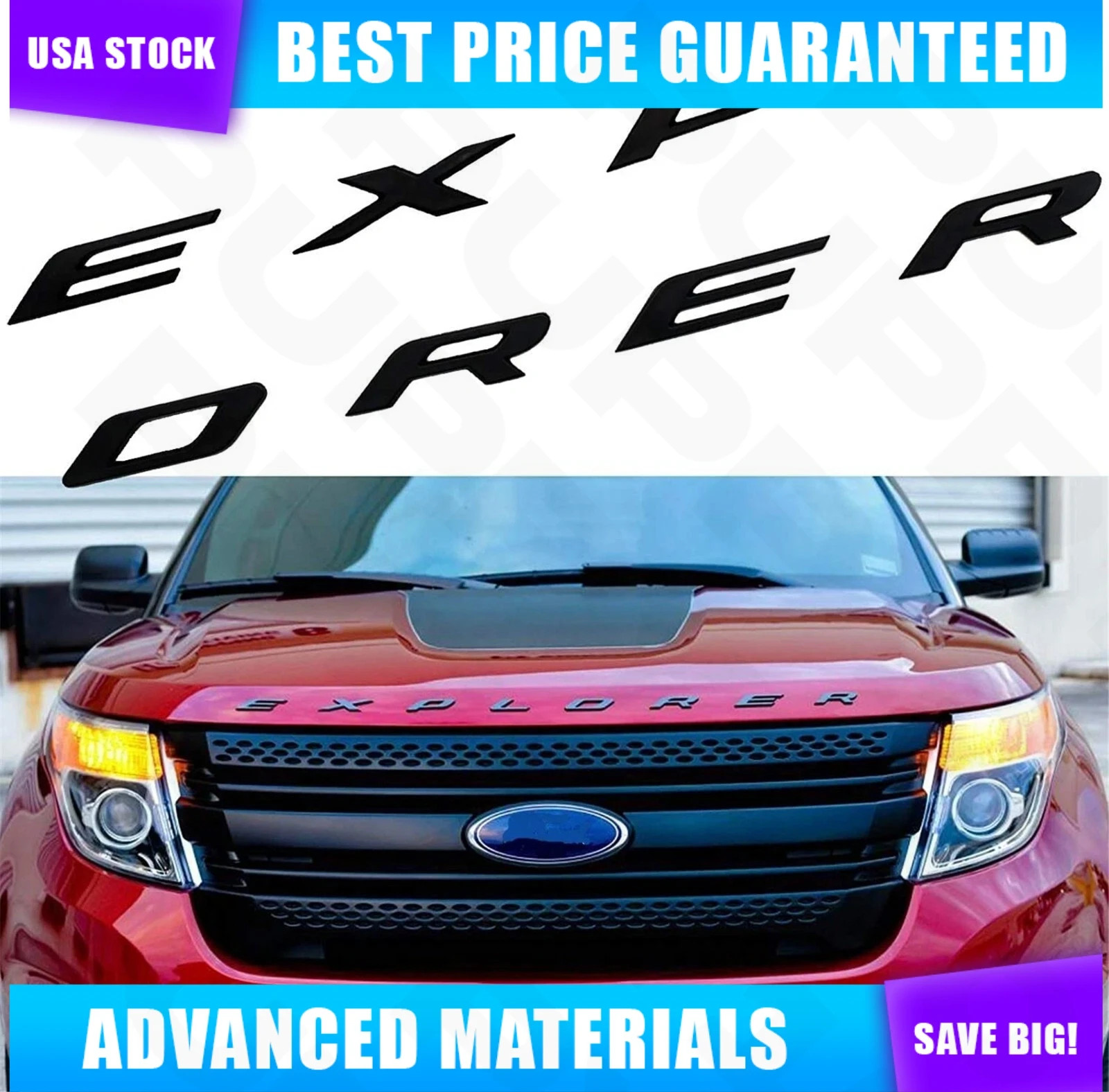 3D Matte Black Front Hood Letters For Explorer Sport Emblems 2011-2024 Modified