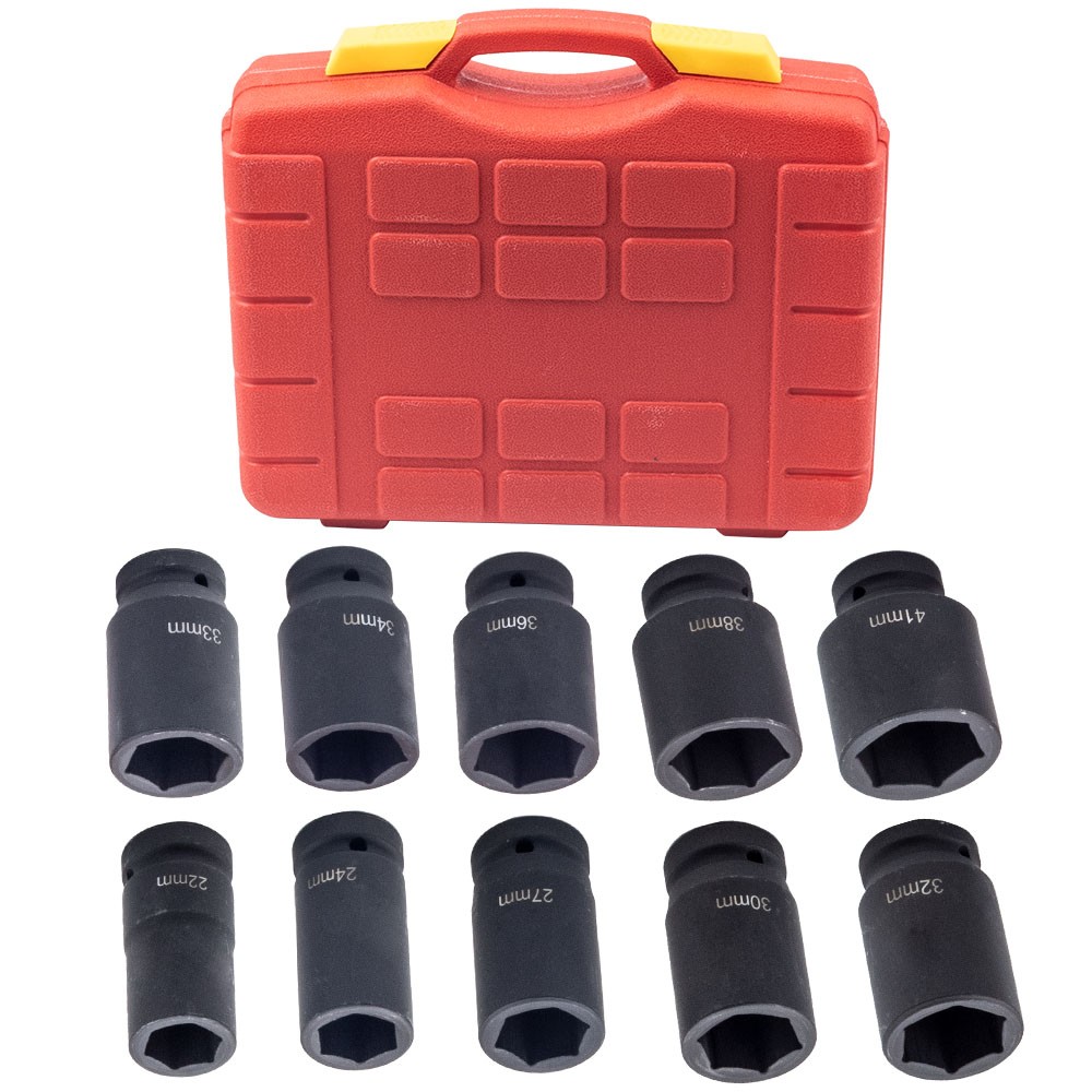 10PCS 3/4Inch Drive Deep Impact Socket Set Metric 22mm-41mm 6-Point Kit W/ Case