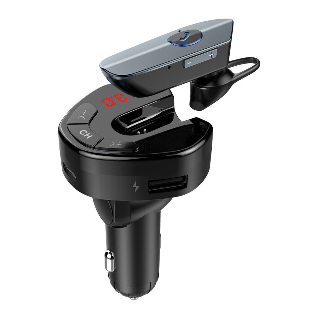 Bluetooth Headset Trucker Earpiece Headphones FM Transmitter Radio Car Charger