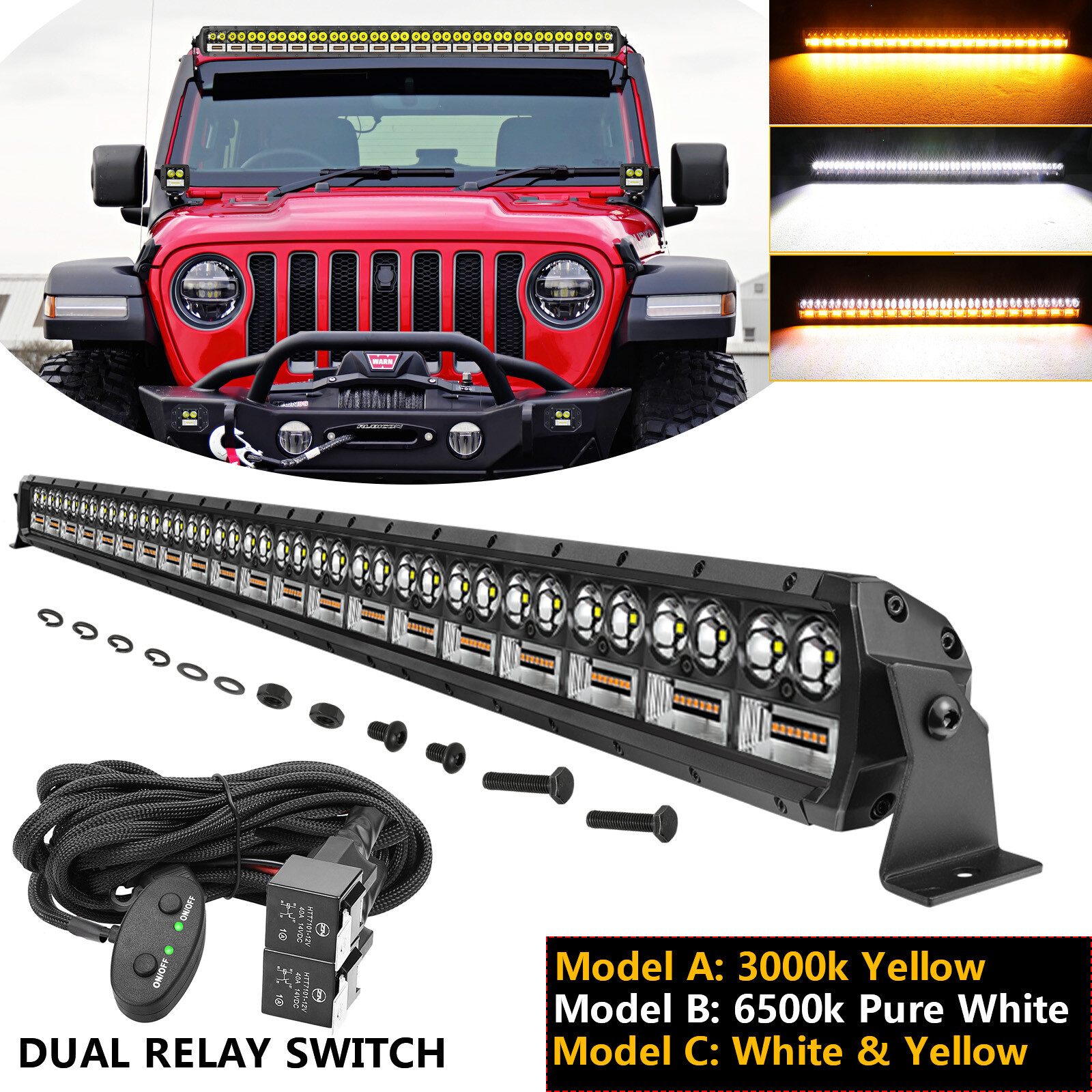 40″ PRO LED Light Bar WHITE YELLOW Offroad Driving 4WD 42″ W/ Dual Switch Wiring