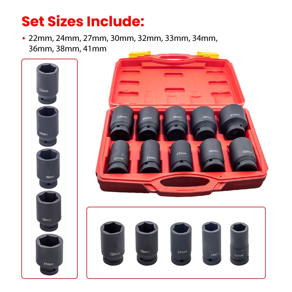 10PCS 3/4Inch Drive Deep Impact Socket Set Metric 22mm-41mm 6-Point Kit W/ Case