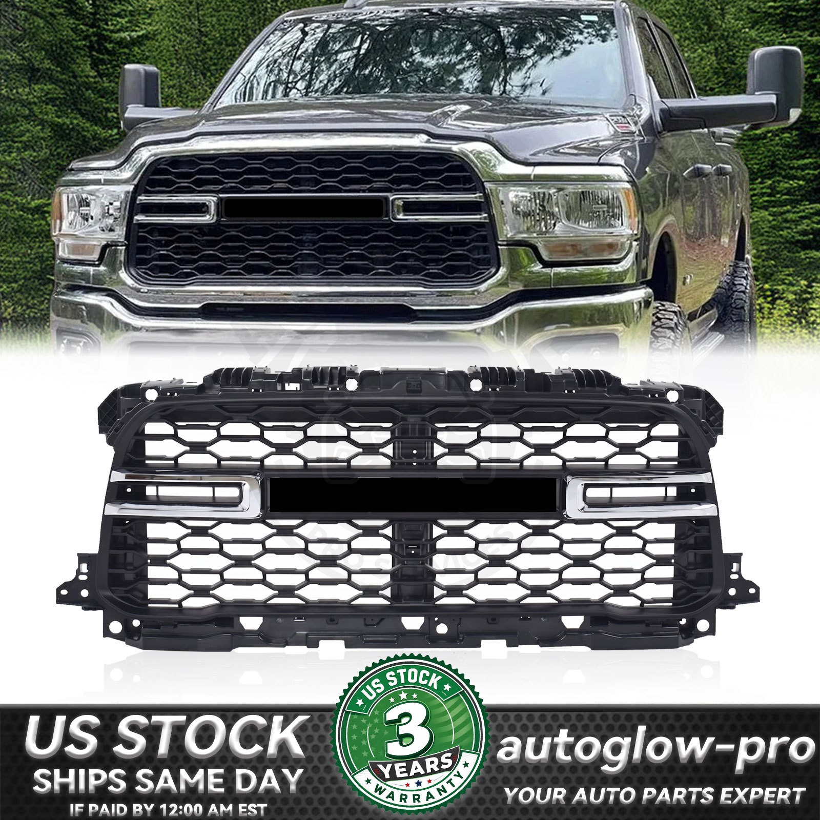 For 2019-2023 2024 Ram 2500 3500 Matte Black Front Bumper Grille W/ Chrome Trim