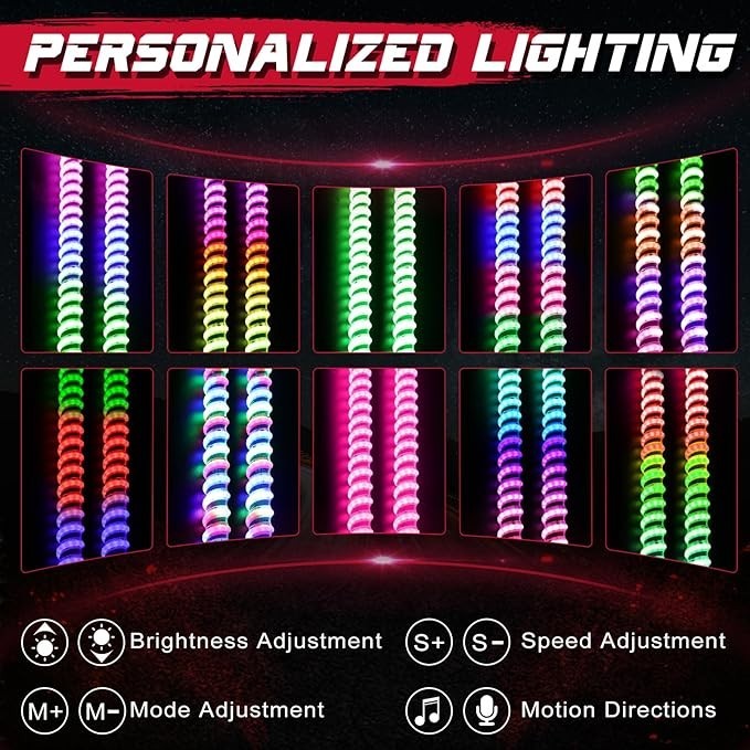 2PCS 2FT LED Whip Spiral Chasing RGB Whip Lights For Can Am Polaris RZR UTV ATV