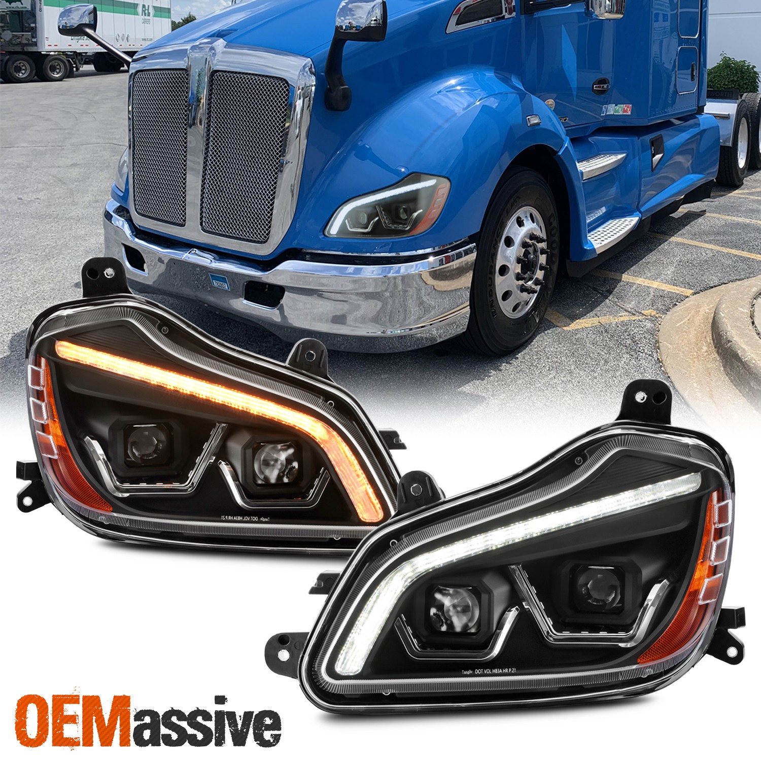 For 13-19 Kenworth T680 Dual Projector Headlight LED Sequential Switchback Black