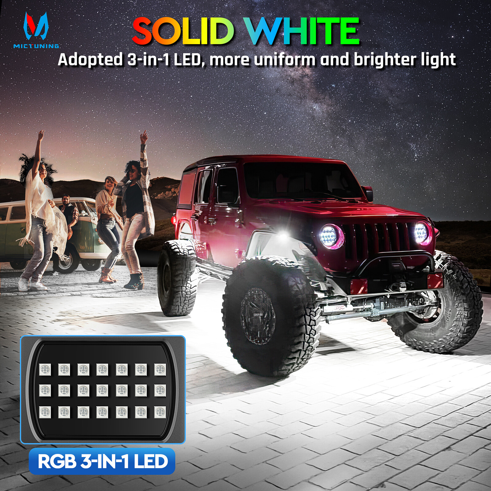 MICTUNING Q1 RGB+IC LED Rock Lights Chasing Dream Color 12 Pods Underglow Light
