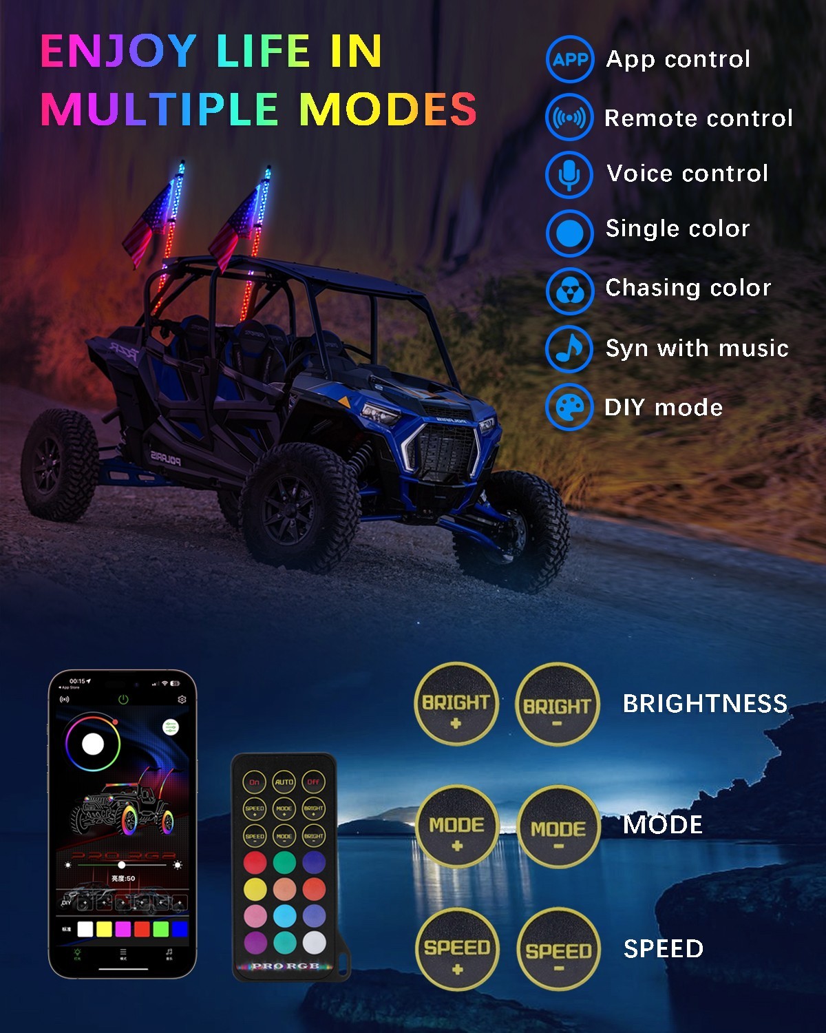 2pcs 6FT LED Whip Lights RGB Chasing Safety Flag Light for Truck Polaris SXS RZR