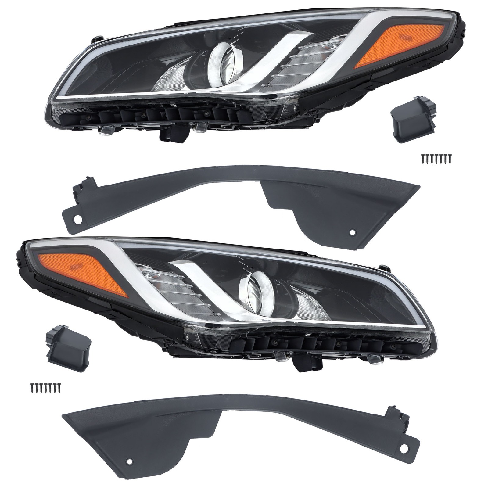 Pair Headlights Assembly Black For 2015-2017 Hyundai Sonata Halogen Clear Lens