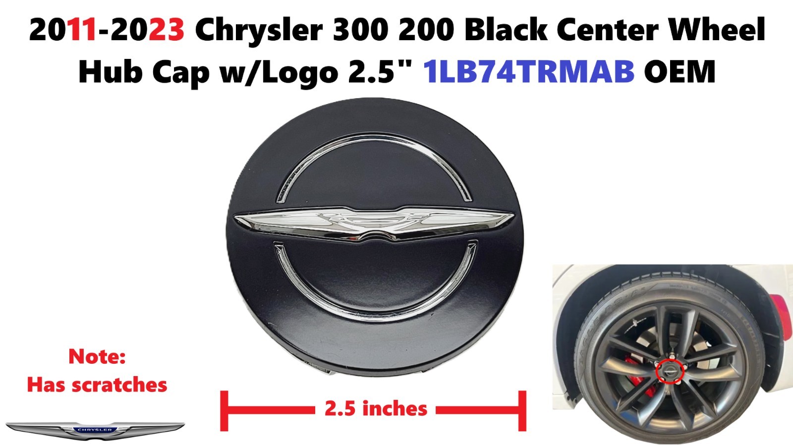 2011-2023 Chrysler 300 200 Black Center Wheel Hub Cap w/Logo 2.5″ 1LB74TRMAB