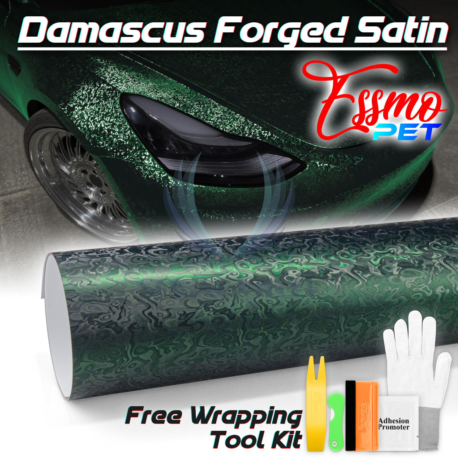 PET Damascus Steel Forged Carbon Fiber Venom Green Car Vinyl Wrap Decal Sticker