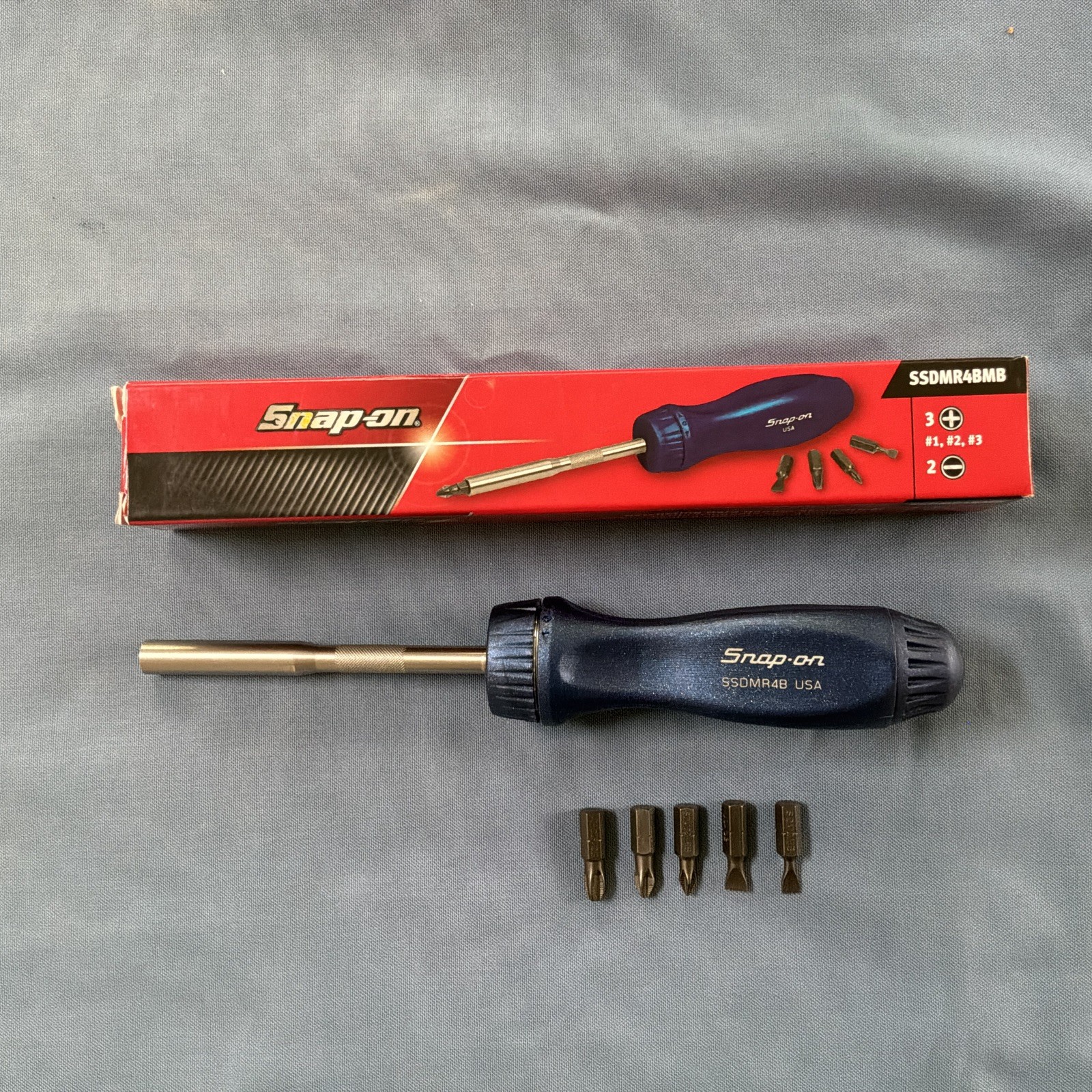 Snap-on Tools USA NEW METALLIC BLUE Hard Handle Ratcheting Screwdriver SSDMR4BMB