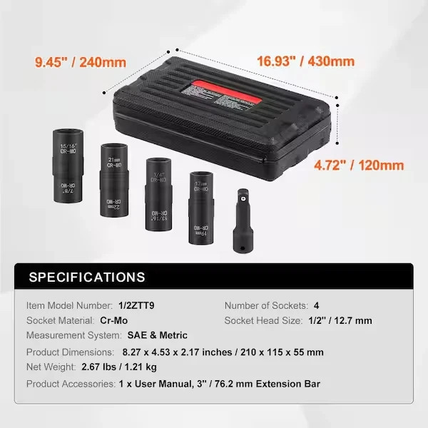 Lug Nut Impact Socket Set, 1/2 In. Drive Metric and SAE 6-Point Flip Socket Set,