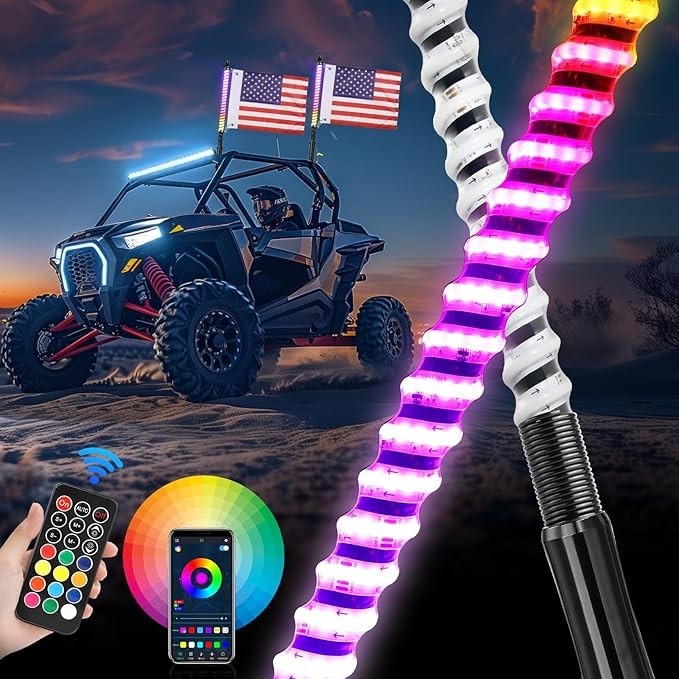 2PCS 2FT LED Whip Spiral Chasing RGB Whip Lights For Can Am Polaris RZR UTV ATV