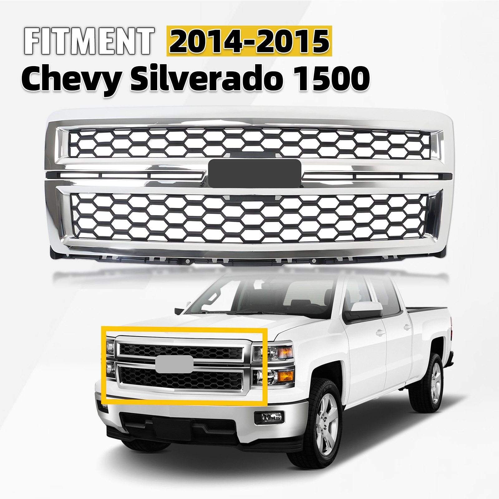 Front Bumper Honeycomb Grille For Chevy Silverado 1500 2014-2015 Chrome Surround