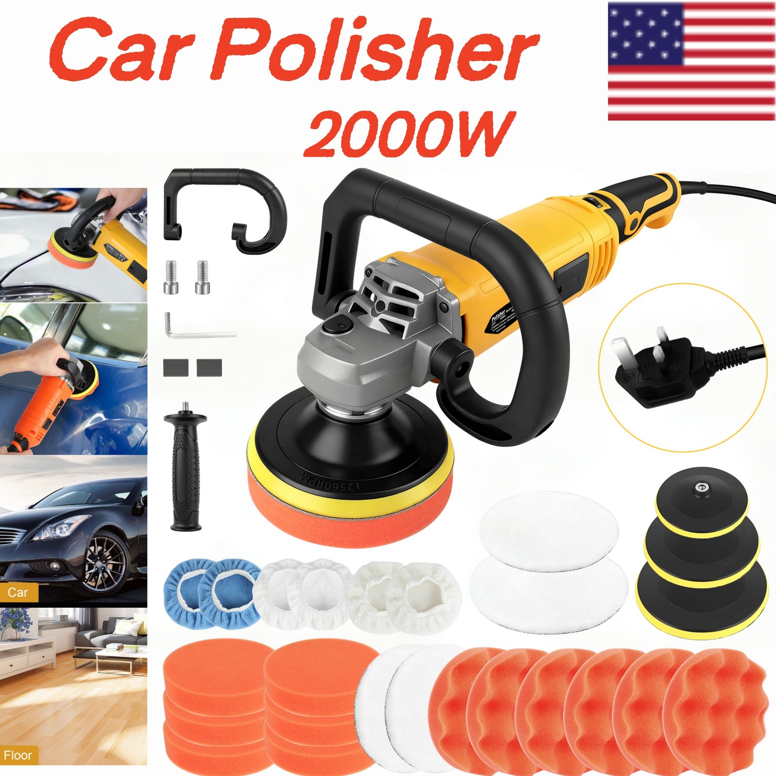 2000W Car Polisher Buffer Sander Variable 7-Speed Wax Machine Sponge Pads Kit
