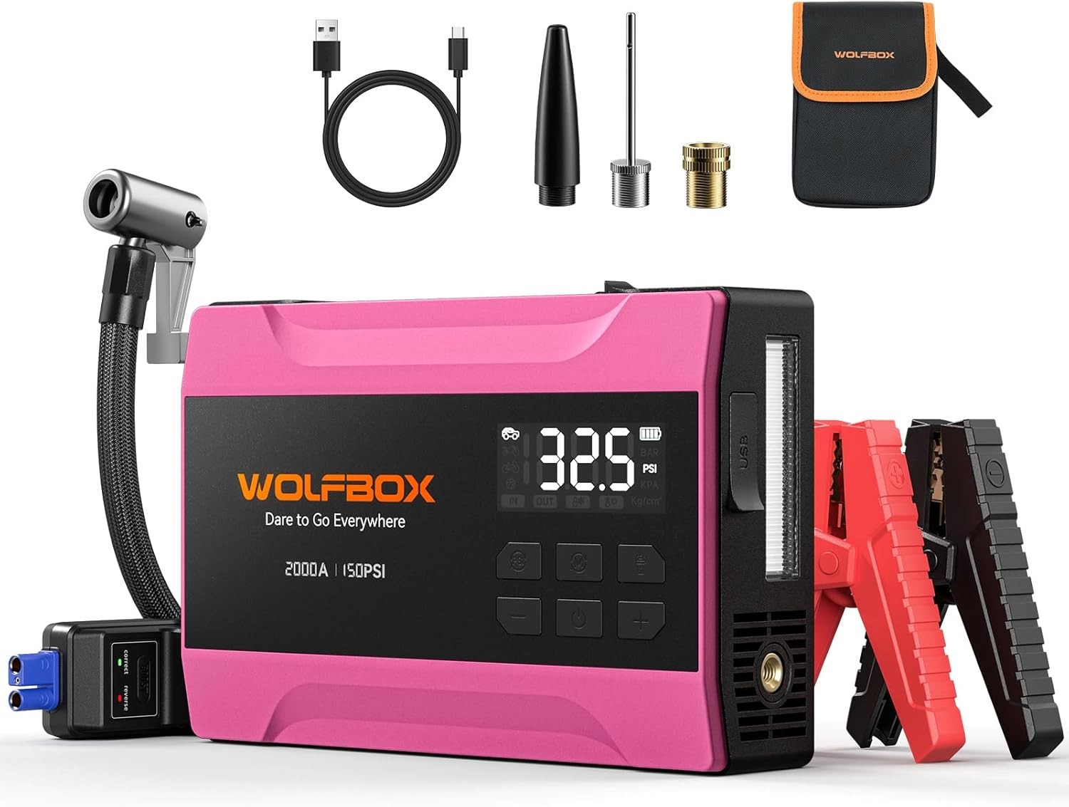 WOLFBOX 2000A Jump Starter With Air Compressor 150PSI 37Wh 12V 5L Gas Hot Pink