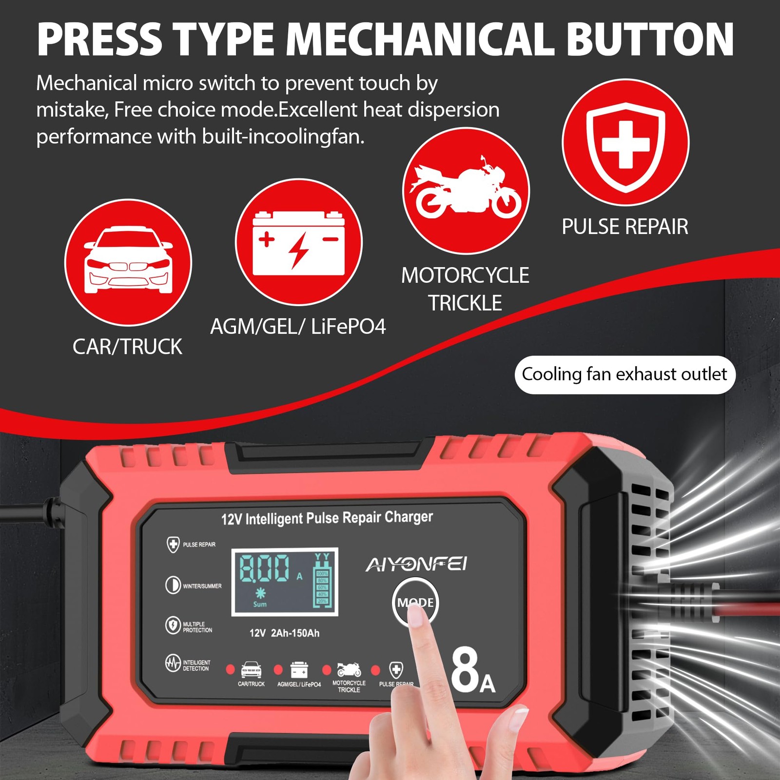 AIYONFEI 12V Battery Charger 8-Amp Smart Trickle Charger, Red