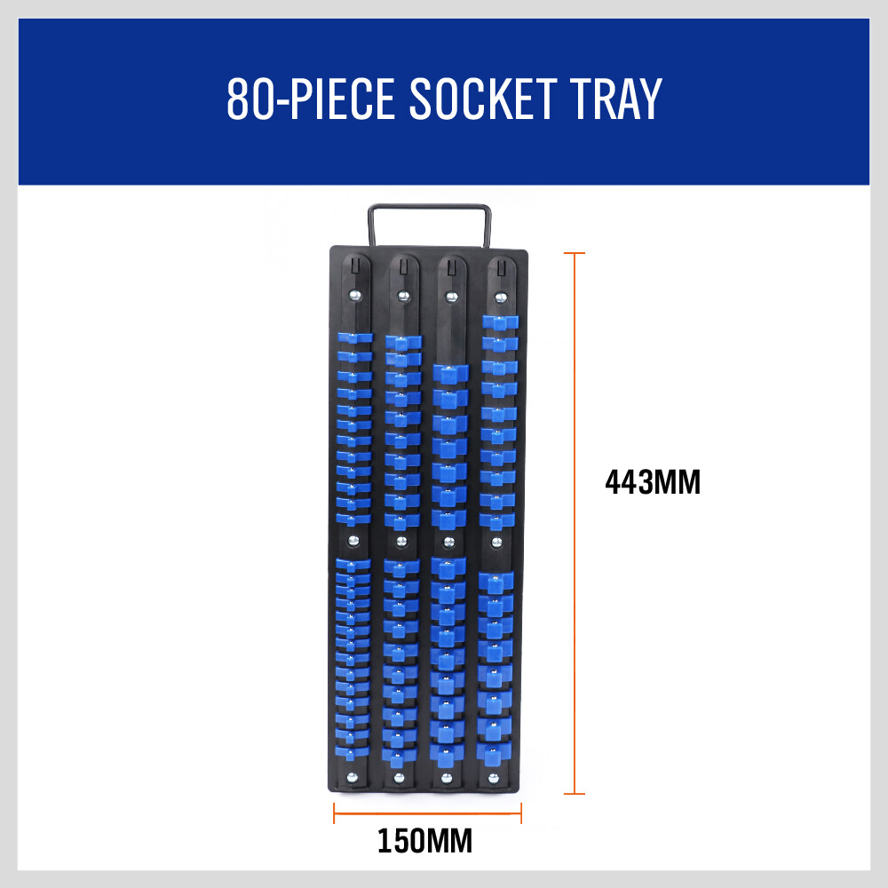 Portable Drive Socket Holder Organizer Metal Tray 80pc ABS Clip Rail 1/4 3/8 1/2