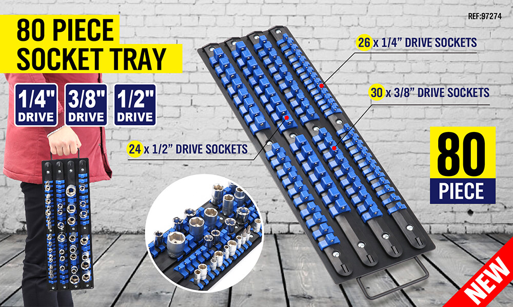 Portable Drive Socket Holder Organizer Metal Tray 80pc ABS Clip Rail 1/4 3/8 1/2