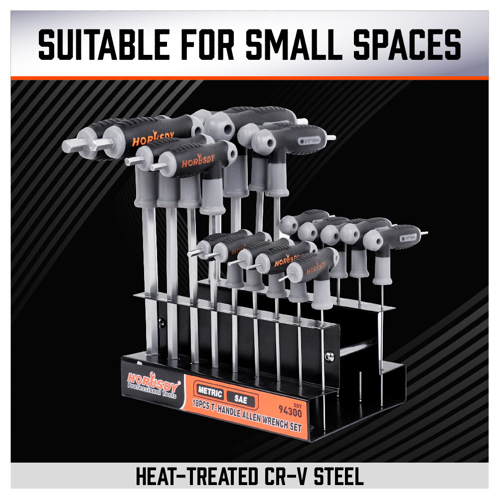 18 Pc SAE & Metric T Handle Allen Wrench Ball End Hex Key Set w/ Storage Stand