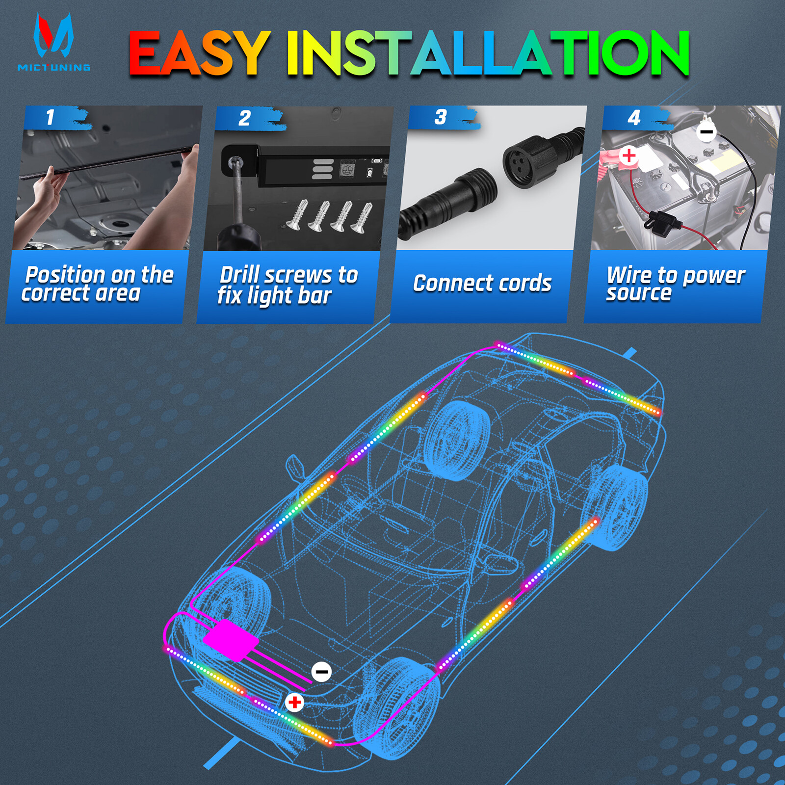 Bluetooth 8PCS RGB Car LED Underglow Lights Strip Dream Color Chasing Lights Kit