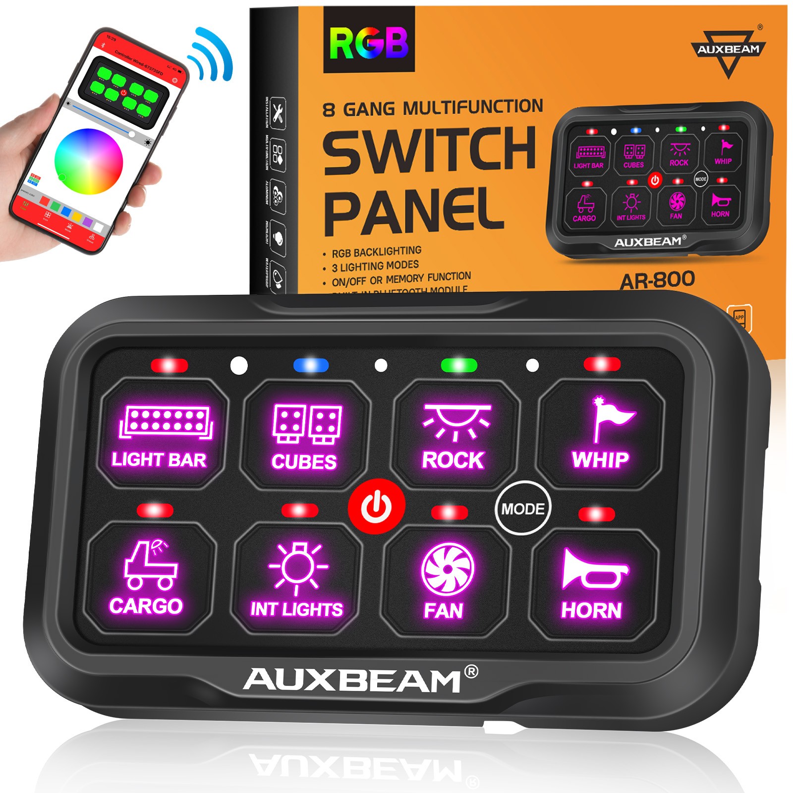 AUXBEAM AR800 8 Gang Switch Panel Bluetooth RGB LED Touch Switch Pod Control Box