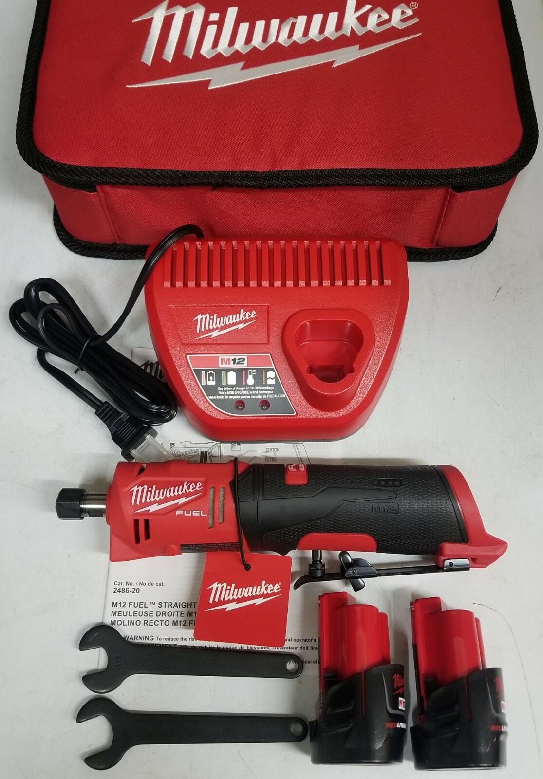 New Milwaukee M12 FUEL 1/4″ Straight 3-speed Die Grinder 2) Battery Kit #2486-22