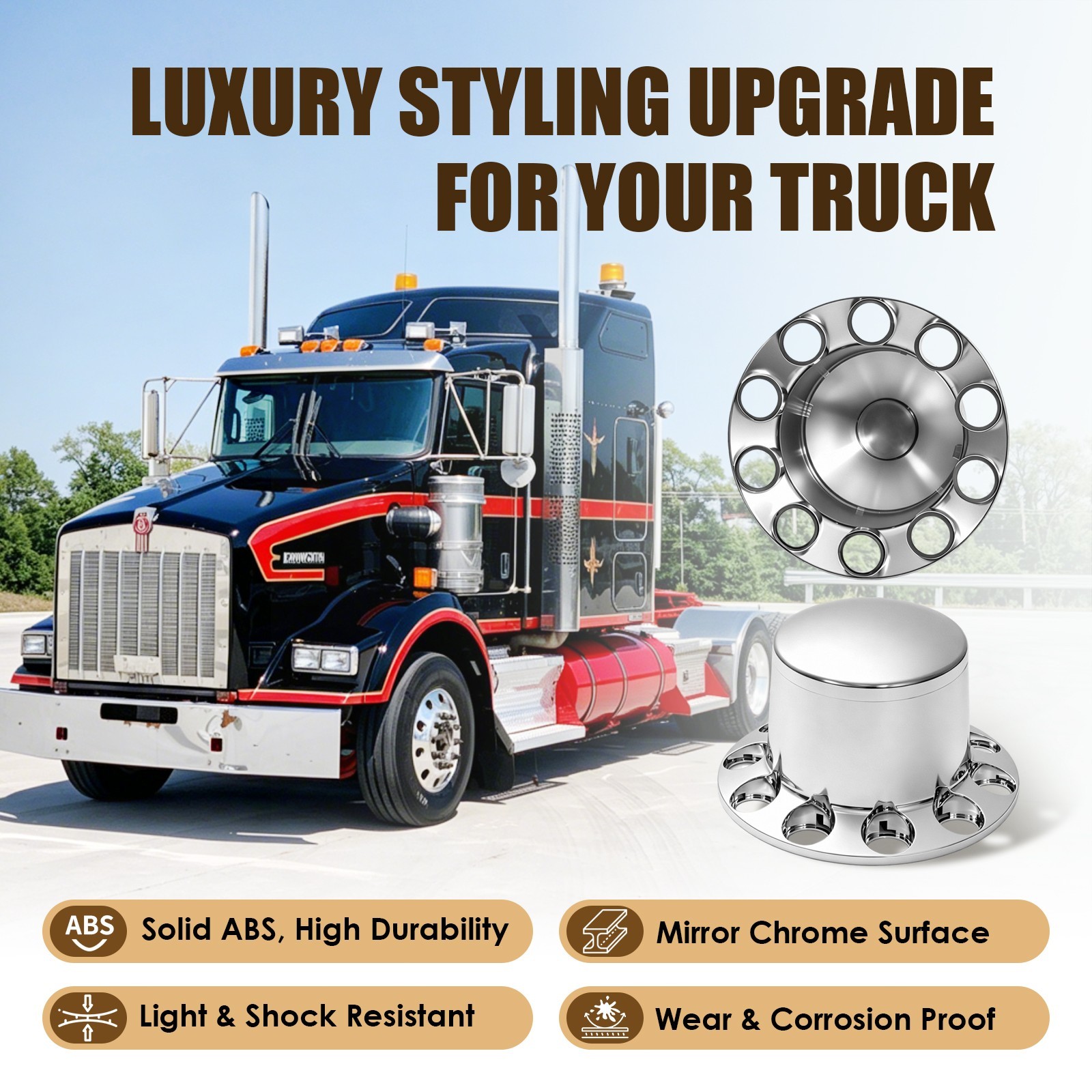 2pcs Chrome Standard Semi‑Truck Rear Axle Cover Cylinder Lug Nut Covers