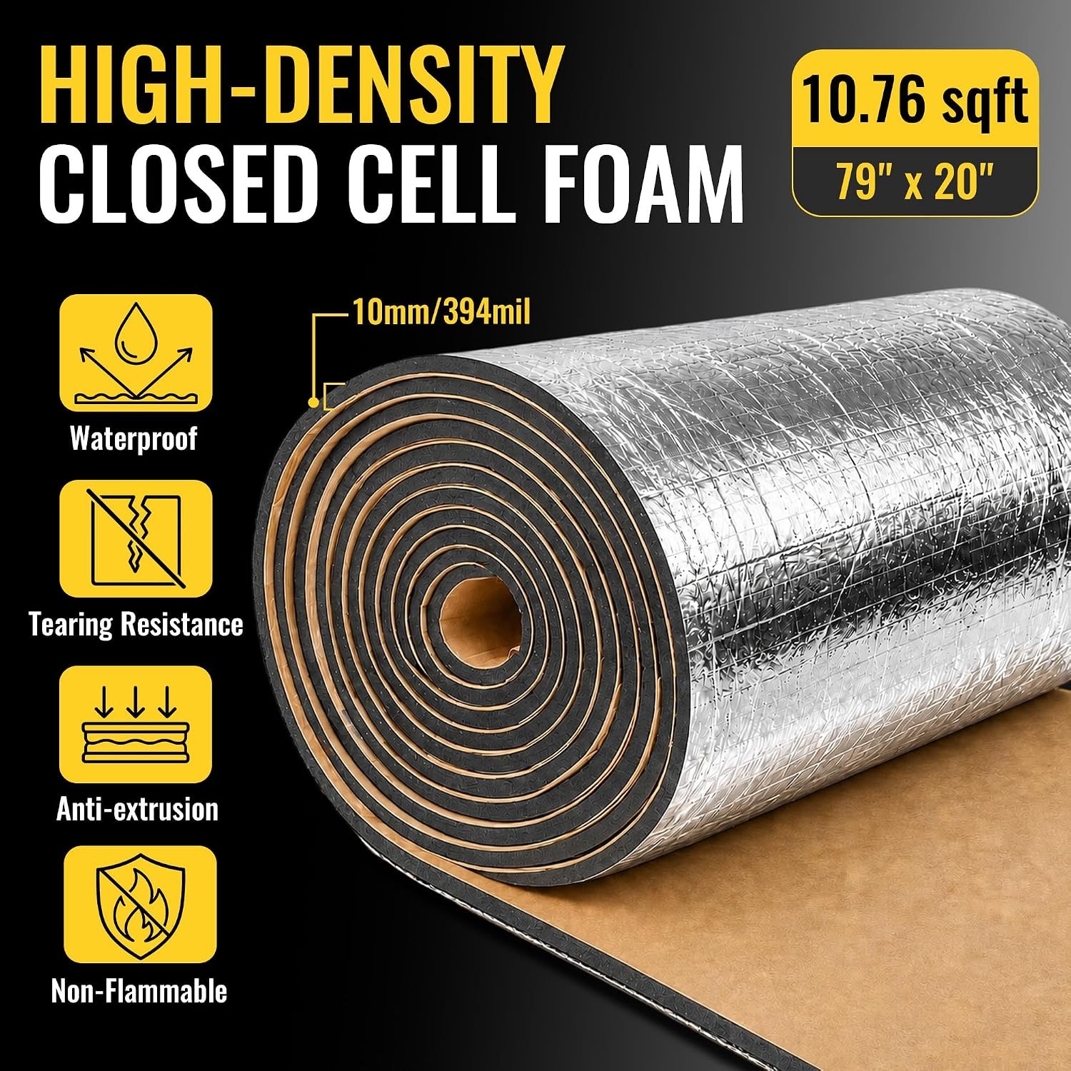 Sound Deadening Mat 10.76 Sqft 394mil 80×20 Aluminum Foil Foam Pad Self Adhesive